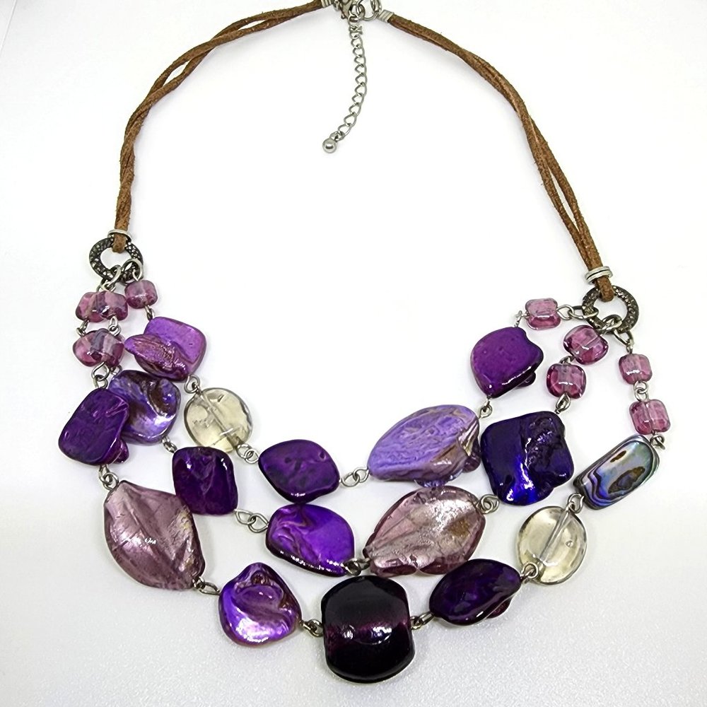 Purple Glass and Abalone Mother-of-Pearl Triple Strand Leather Chain Necklace - Picture 3 of 14